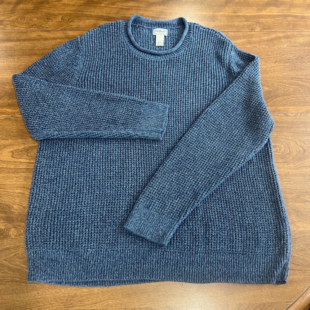 LL Bean Mens XXL Blue Organic Cotton Waffle Knit Crewneck Fishermans Sweater
